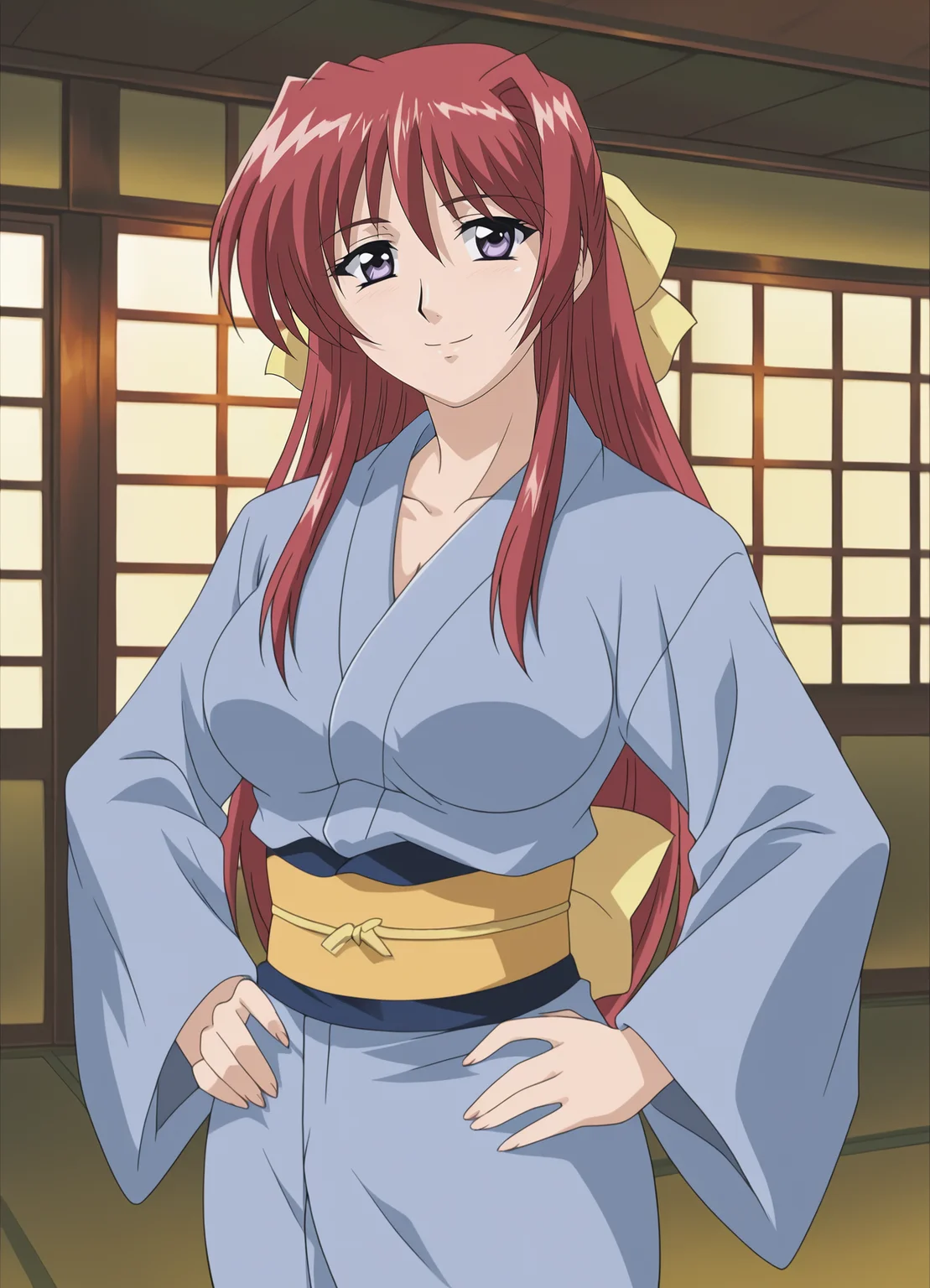 <lora:Ryouko_Minase-Ryoujoku_Hitozuma_Onsen:0.85>,Ryouko,mature female,1girl,solo,red hair,long hair,purple eyes,ribbon,large breasts,kimono,cowboy shot,hands on own hips,looking at viewer,indoors,smile