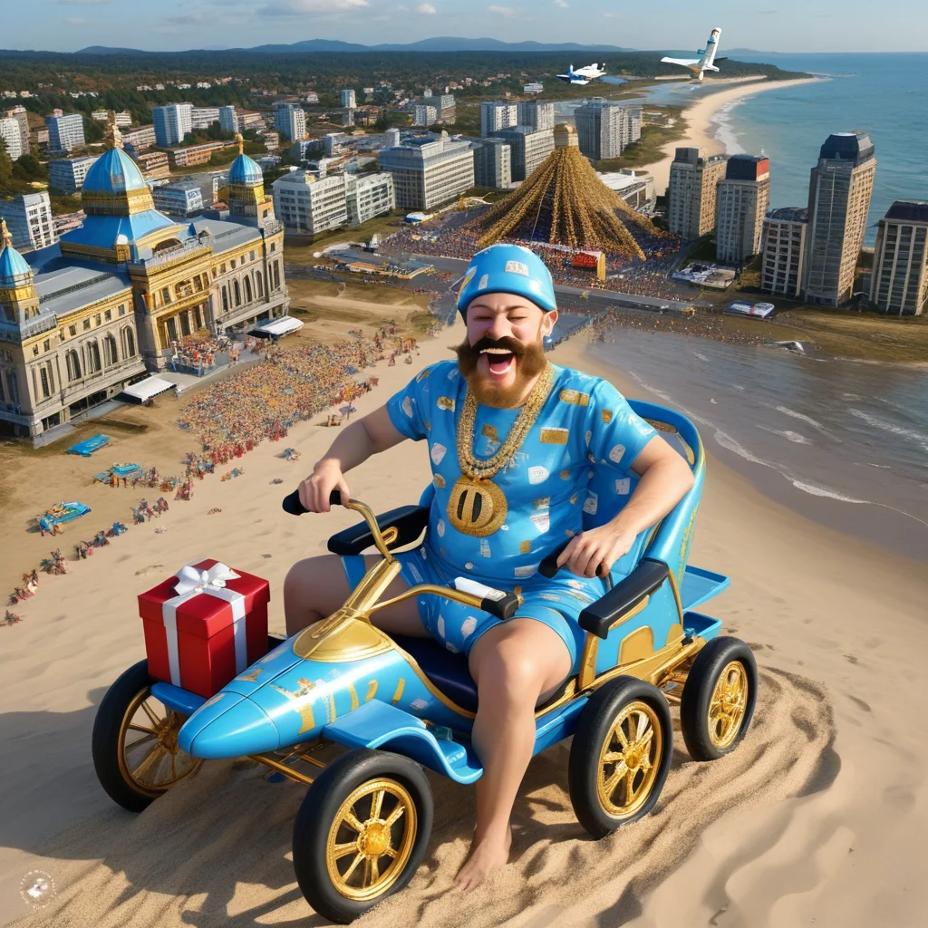 wheelchair, blue headwear, gift, gold, gift box, 1girl, bulge, mustache, shirt, building, one eye closed, airplane, animal print, sand, beach, solo, singing, riding