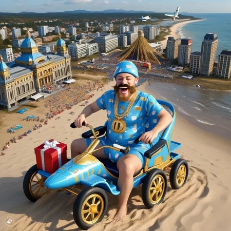wheelchair, blue headwear, gift, gold, gift box, 1girl, bulge, mustache, shirt, building, one eye closed, airplane, animal print, sand, beach, solo, singing, riding