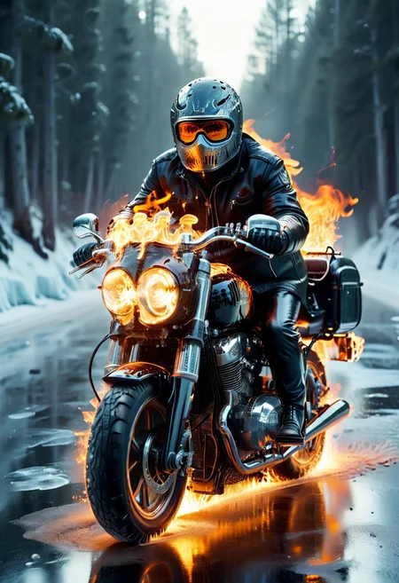 ((((("COOL" text logo)))) <lora:dvr-ftl:0.8>,
BREAK
1c3_w1n73r, f1r3, magicNpolished, shiny, polished, reflection, glowing, light
Anthro cat made of ice riding flaming motorbike made of fire on winter icy road, snowy trees , wearing sunglasses, jacket, pants, flaming tires, flaming trail, fire, ice.