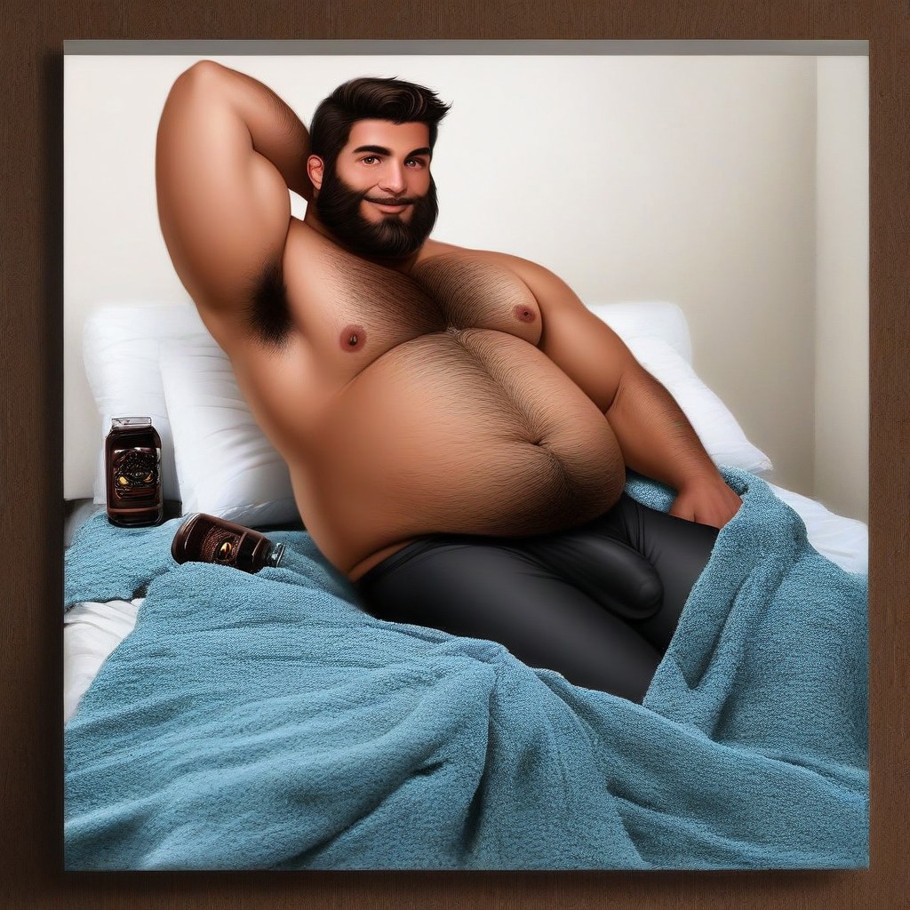 Solo, male, shirt less, long beard, short hair, lots of body hair, chest hair,  arm hair, beer gut, semi fat, over weight, public hair, arm behind head, arm to the side, photo realism, hi resolution, indoors, lying on bed, blanket, pillows , soft lights, penis bulge, crossed legs, brown eyes, smile