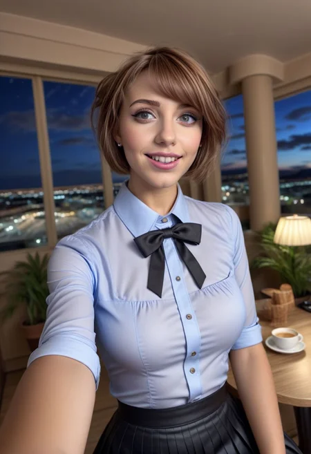 (8k, RAW photo, best quality, masterpiece:1.2), (realistic, photo-realistic:1.37), ultra-detailed,
1 girl, cute, solo, beautiful detailed sky, detailed cafe, night, sitting, dating,(smile:1.1),(closed mouth)
medium breasts, detailed face, detailed eyes, (collared shirt:1.1), bowtie, pleated skirt, (short hair:1.2),