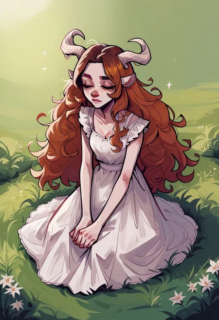 score_9, score_8_up, score_7_up, score_6_up, score_5_up,  KWNTN, 1girl, solo, horns, dress, closed eyes, orange hair, sitting, long hair, white dress, curly hair, animal ears, grass, freckles,