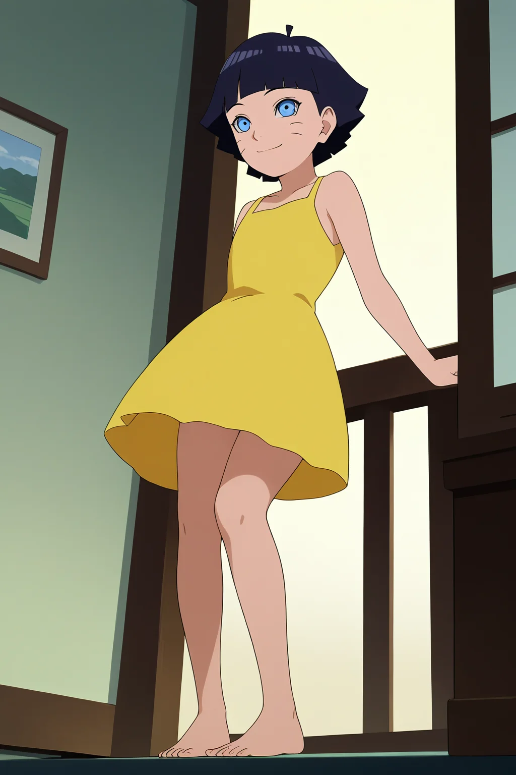 sharp focus, pixiv masterpiece, source_anime, score_9, score_8_up,  score_7_up, score_6_up, absurd res, BREAK
<lora:Himawari_Uzumaki_IL_v1-000012:0.9>, 1girl, solo, dark_blue_hair, short_hair, uzumaki_himawar1_illu, faint smile, yellow dress, full body, bare foot, from below
