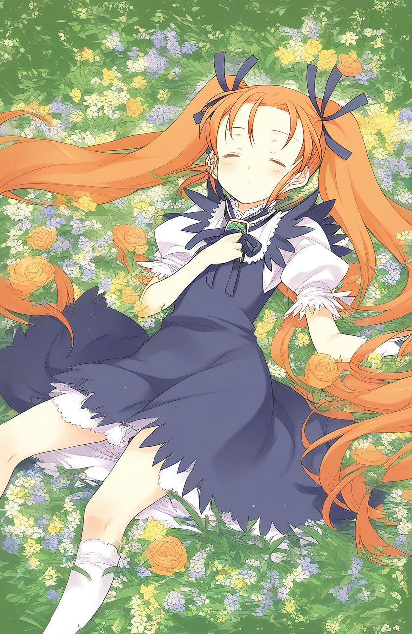 score_9, score_8_up, score_7_up, source_anime, rating_explicit, BREAK  <lora:Aliese_Martini_Ver2.0_XL:1> aliese_martini,
1girl, solo, flower, twintails, dress, long hair, closed eyes, hair ornament, lying, orange hair, very long hair, ribbon, hair ribbon,