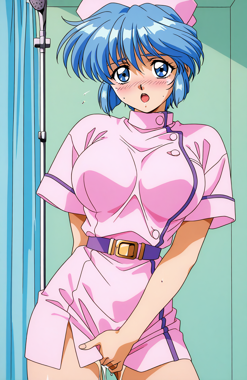 general,highres, ultra-detailed,very aesthetic,best quality ,best hands,  BREAK <lora:Mamiya_Chisato_OVA_IS:1>
Mamiya_Chisato_OVA, 1girl, solo, blue hair, short hair, nurse, blue eyes, 1990s (style), huge breasts, bangs, nurse cap, 1990s \(style\),anime coloring,  blush, belt,  purple belt, gold buckle,
female masturbation, looking at viewer, shower, waterdrop, masturbation, Show less,blush, open mouth, orgasm,
bath_room,