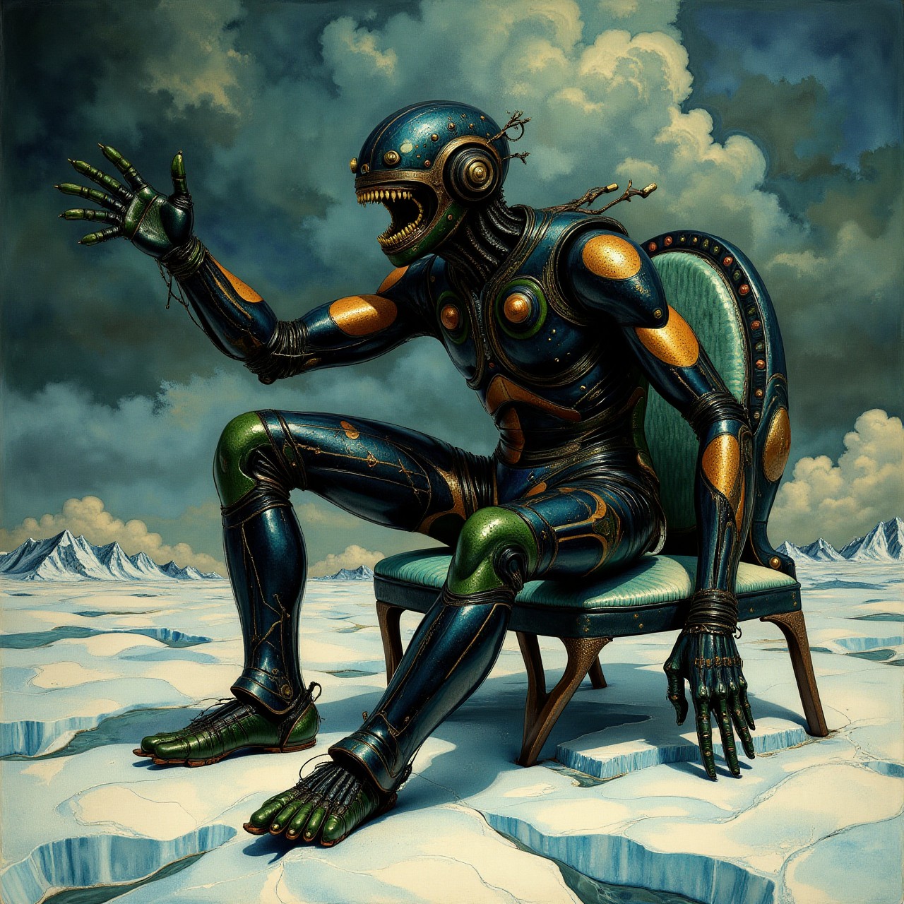 Decadent Movement painting. Side view long shot. modern theme. Full body. Old South Korean screaming banal futuristic robot exercising in a hellish icefield setting. Intricate black and green and copper reticulated details. Overall, the scene is Pre-Raphaelite and is very detailed. Dramatic lighting illuminates the scene from below. <lora:Charcoal01d_CE_FLUX_AIT:0.6> <lora:Paper_Marbling_Flux:0.6> <lora:midjourney_whisper_chromaplex_v1:0.5>