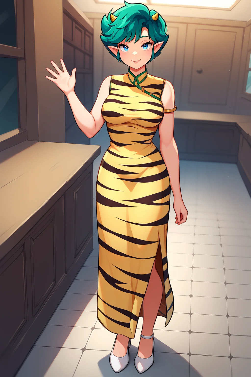score_9, score_8_up, score_7_up, score_6_up, BREAK, LumMotherUYXL, blue eyes, green hair, short hair, bangs, yellow horns, short pointy ears, medium breasts, tiger print, yellow dress, sleeveless dress, white high heels, solo, full body, standing, waving, seductive smile, looking at viewer, indoors <lora:LumMotherUYXL:1>
