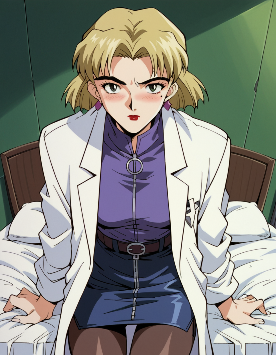 score_9, score_8_up, score_7_up, source_anime,
ritsukoakagi,  <lora:ritsuko-akagi-classic-ponyxl-lora-nochekaiser:1>,
ritsuko akagi, short hair, blonde hair, mole, mole under eye, parted bangs, green eyes,
lipstick, skirt, jewelry, pantyhose, earrings, belt, pencil skirt, labcoat, shirt, purple shirt, turtleneck, zipper,
indoors, bed, bed room, on side, blush, drunk,
cowboy shot, looking at viewer, solo, dutch angle,