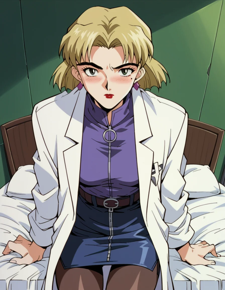 score_9, score_8_up, score_7_up, source_anime,
ritsukoakagi, <lora:ritsuko-akagi-classic-ponyxl-lora-nochekaiser:1>,
ritsuko akagi, short hair, blonde hair, mole, mole under eye, parted bangs, green eyes,
lipstick, skirt, jewelry, pantyhose, earrings, belt, pencil skirt, labcoat, shirt, purple shirt, turtleneck, zipper,
indoors, bed, bed room, on side, blush, drunk,
cowboy shot, looking at viewer, solo, dutch angle,