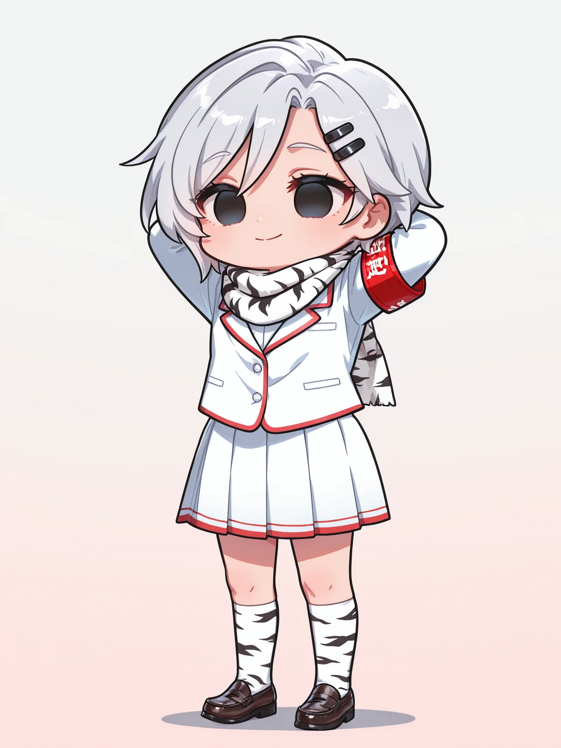 <lora:ShiromiXL:1> Shiromi_YS, 1girl, short hair, empty eyes, school uniform, tiger print, armband, pleated skirt, hairclip, scarf, smile, solo, arms behind head, expressionless, 
masterpiece, best quality, amazing quality, very aesthetic, absurdres, newest, [lazypos], gradient background, <lora:cfg_scale_boost:0.9> <lora:spo_sdxl_10ep_4k-data_lora_webui:0.4> <lora:retrocute:1> <lora:omoyunakyu715-_style_Illustrious:0.3> omoyu_nakyu715, chibi, full body, solo, loafers, kneehighs,