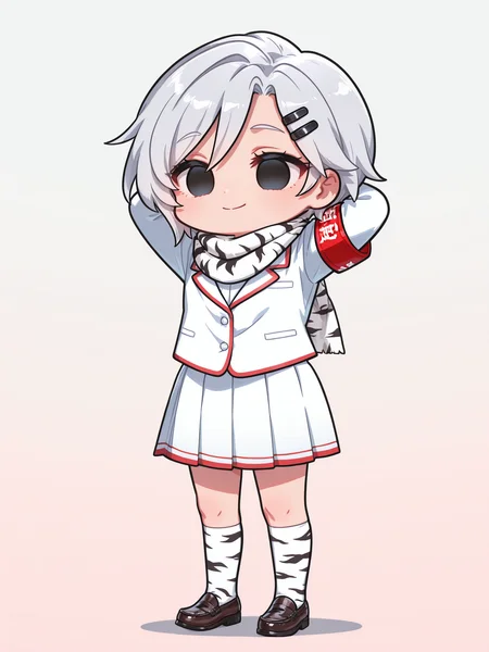 <lora:ShiromiXL:1> Shiromi_YS, 1girl, short hair, empty eyes, school uniform, tiger print, armband, pleated skirt, hairclip, scarf, smile, solo, arms behind head, expressionless, 
masterpiece, best quality, amazing quality, very aesthetic, absurdres, newest, [lazypos], gradient background, <lora:cfg_scale_boost:0.9> <lora:spo_sdxl_10ep_4k-data_lora_webui:0.4> <lora:retrocute:1> <lora:omoyunakyu715-_style_Illustrious:0.3> omoyu_nakyu715, chibi, full body, solo, loafers, kneehighs,
