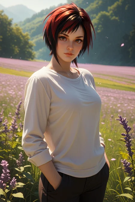 score_9, score_8_up, score_7_up,
<lora:DOAMila:0.8>
DOAMila, 1girl, black hair, red hair, multicolored hair, brown eyes, short hair, looking at viewer, standing in a field of lavender, hands in pockets, slight breeze blowing hair, warm golden hour sunlight, serene and peaceful mood