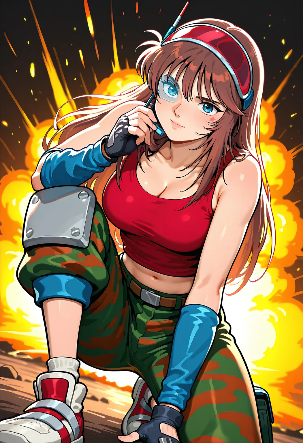 best quality, amazing quality, perfect quality, high quality, masterpiece, absolutely eye-catching BREAK
<lora:Elevator_Action_Returns_-_Edie_Burret:1> ElevatorEdie, blue eyes, brown hair, long hair, wispy bangs, hair sticking out, star on cheek BREAK
red tank top, midriff, blue gloves, green camouflage pants, capri pants, knee pads, white socks, two-tone shoes, white shoes, red shoes, scouter, headset BREAK
1girl, solo, explosion, light smile, on one knee, head tilt, looking at viewer, cowboy shot, dutch angle, from below