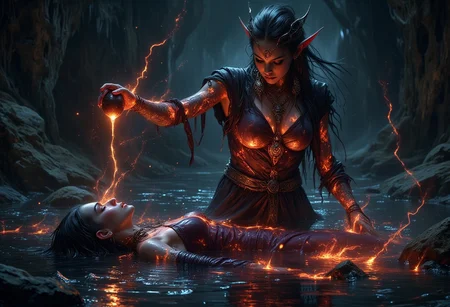 A hyper-realistic portrait, photorealistic photo close-up image of a pretty young tiefling woman, lies bound on an altar in midst of a corrupted magic dark pool, in a cultsts cave. Her once beautiful and alluring feminine bard clothes are torn and dirty, as is her lifeless body. Standing partially submerged in front of the altar is a graceful mystical ritualist villainess, her dark raven black hair cascading down her back in intricate braids, her paleskin bearing the reflections of the corrupted pool over her face, arms and chest. She wears a tattered set of reveaeling mystic cultist ritualist robes. In one hand, she clutches a magic orb of dark crystal. In the other she poors a goblet of the corrupted liquid crackling with malevolent energy over her body that glistens with vibrant magic light through the vast network of runic tattoos all over her body. The sacrifice is complete, and the mysterious woman brims with sinister malevolence, but the power she exerts is equal parts seductive as it is evil. (photography, high-resolution, dynamic, energetic,hyper-realistic, dramatic lighting, shallow depth of field.), MythP0rt<lora:DnDDarkestFantasy:0.5><lora:FluxMythP0rtr4itStyle:0.75><lora:Dever_Flux_Enhancer:0.5><lora:Aura_Flux-000010:0.6>