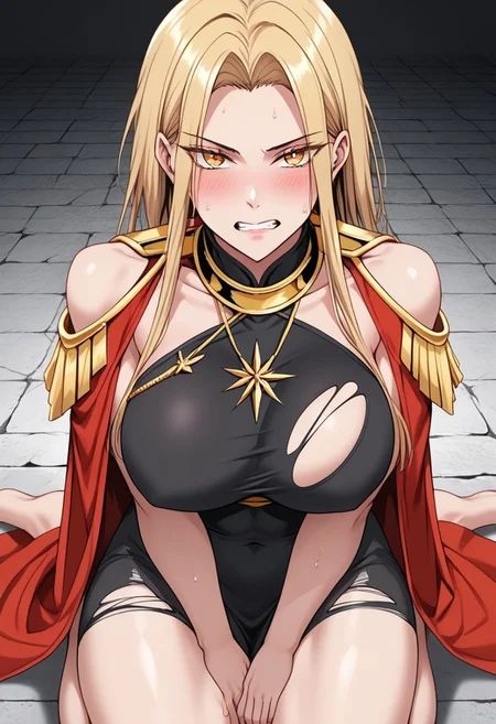 score_9, score_8_up, score_7_up, source_anime, rating_explicit, 1girl, breasts, skirt, thighhighs, solo,1girl, breasts, Victoria,1girl, mature female, (huge breasts:1.3),(military uniform:1.3), red coat, black thighhighs, gloves, red skirtred_cape, blonde_hair, solo, long_hair, cape, dress, clenched_teeth, small_head, yellow_eyes, glaring, looking_at_viewer, angry, stone_floor, teeth, kneeling, (black_dress:1.5), barefoot, covered_navel, covered nipples,sweat, scowl, parted_bangs, thighs, bare_legs, covered_breasts, bangs, sitting, v-shaped_eyebrows, blush, japanese animation, absurdres, toned, black_hair_tie, high contrast, aesthetic, toned, vivid color, muscular, (wide_shoulders:1.2), (tall_girl:1.2), wide hips, 2d, thighs, beautiful, sexy, black_clothes, crossed arms,cute_face,open_mouth,bangs, (thick_thighs:1.2), (huge_hips:1.2), (large shoulders:1.2), finely detailed beautiful eyes, finely detailed face,delicate facial features, (tall:1.4), small head, beautiful eyes and detailed face,toned,(healthy_body:1.2), (best quality, high quality, masterpiece, hyper detail, detailed face,detailed_eyes,detailed_pupils:1.3), collarbone, (detailed_eyes:1.5) ,(masterpiece:1.7),(high quality:1.7), same_eyes,same_pupils,(clear:1.5), detailed_eyes, collarbone, bangs, detailed_eyes, black_clothes, detailed_arms, amazing quality, (large_shoulders:1.4), epaulettes, wariza, (torn_clothes:1.5), upper body, covered_shoulders, muscle