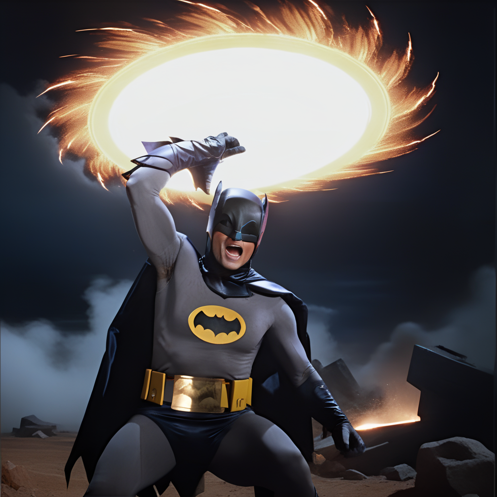 Ultra-realistic extremely detailed real life 8k masterpiece of a b4tm4n man arms raised up holding a giant sharp ((destructo disk)) in palm over head in a battle at night, dragonball action, extremely detailed facial features, dark scary epic lighting, horror composition <lora:destructo disk:0.7> <lora:b4tm4n-v2:0.9>