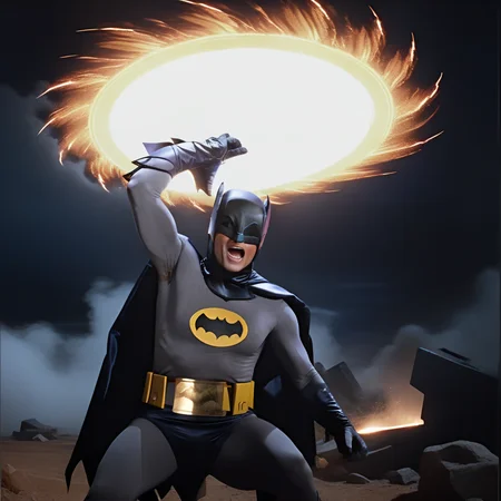 Ultra-realistic extremely detailed real life 8k masterpiece of a b4tm4n man arms raised up holding a giant sharp ((destructo disk)) in palm over head in a battle at night, dragonball action, extremely detailed facial features, dark scary epic lighting, horror composition <lora:destructo disk:0.7> <lora:b4tm4n-v2:0.9>