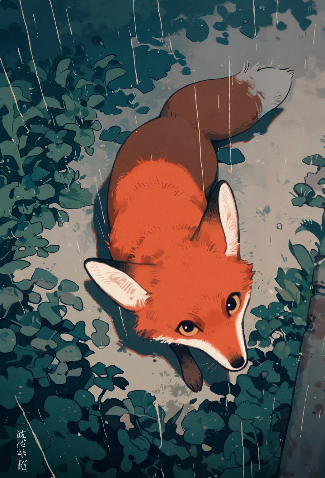 best quality, masterpiece, newest, absurd res, hi res, very awa, fox, honovy, studio ghibli, (juanmao1997:0.8), (tianliang duohe fangdongye:0.8),(akai sashimi:0.6), (mucknagabe:0.6), (reoen:0.4), realistic feral, slim, no sclera, solo, looking at viewer, curious, hiding in bushes, looking up at viewer, high-angle view, corrugated metal, rust, (alleyway, urban, village:1.1), cluttered, overgrown, vegetation, (rural:0.8), no humans, animal focus, japan, overcast, rain, mist, early morning, dim, ethereal, cinematic lighting, postcard, (lineart:0.6), watercolor, novel illustration, vintage,