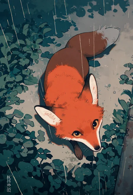 best quality, masterpiece, newest, absurd res, hi res, very awa, fox, honovy, studio ghibli, (juanmao1997:0.8), (tianliang duohe fangdongye:0.8),(akai sashimi:0.6), (mucknagabe:0.6), (reoen:0.4), realistic feral, slim, no sclera, solo, looking at viewer, curious, hiding in bushes, looking up at viewer, high-angle view, corrugated metal, rust, (alleyway, urban, village:1.1), cluttered, overgrown, vegetation, (rural:0.8), no humans, animal focus, japan, overcast, rain, mist, early morning, dim, ethereal, cinematic lighting, postcard, (lineart:0.6), watercolor, novel illustration, vintage,