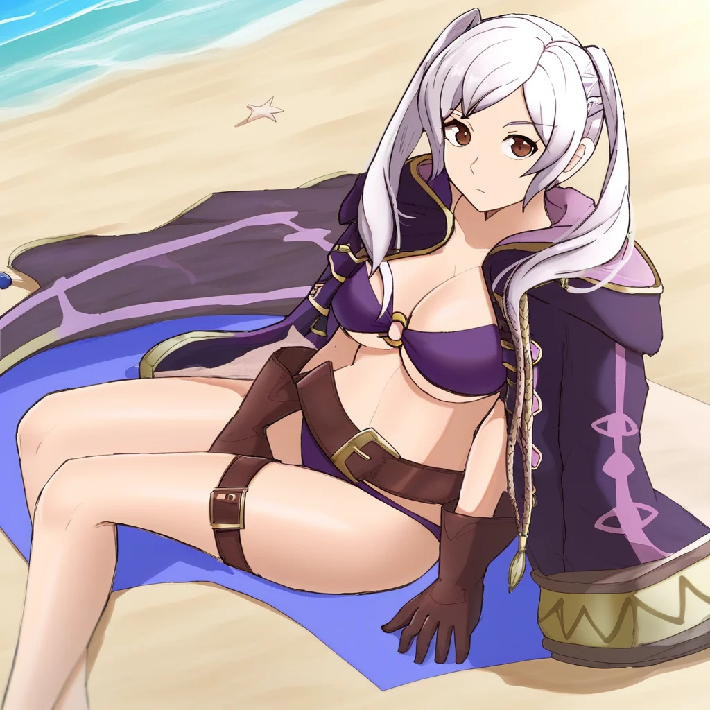 1girl, RobinSummer, twintails, white hair, brown eyes, Robe, Purple bikini, O-ring Bikini, Large breasts, gloves, Belt, Thigh Strap, Beach, towel, sitting, look at viewer
