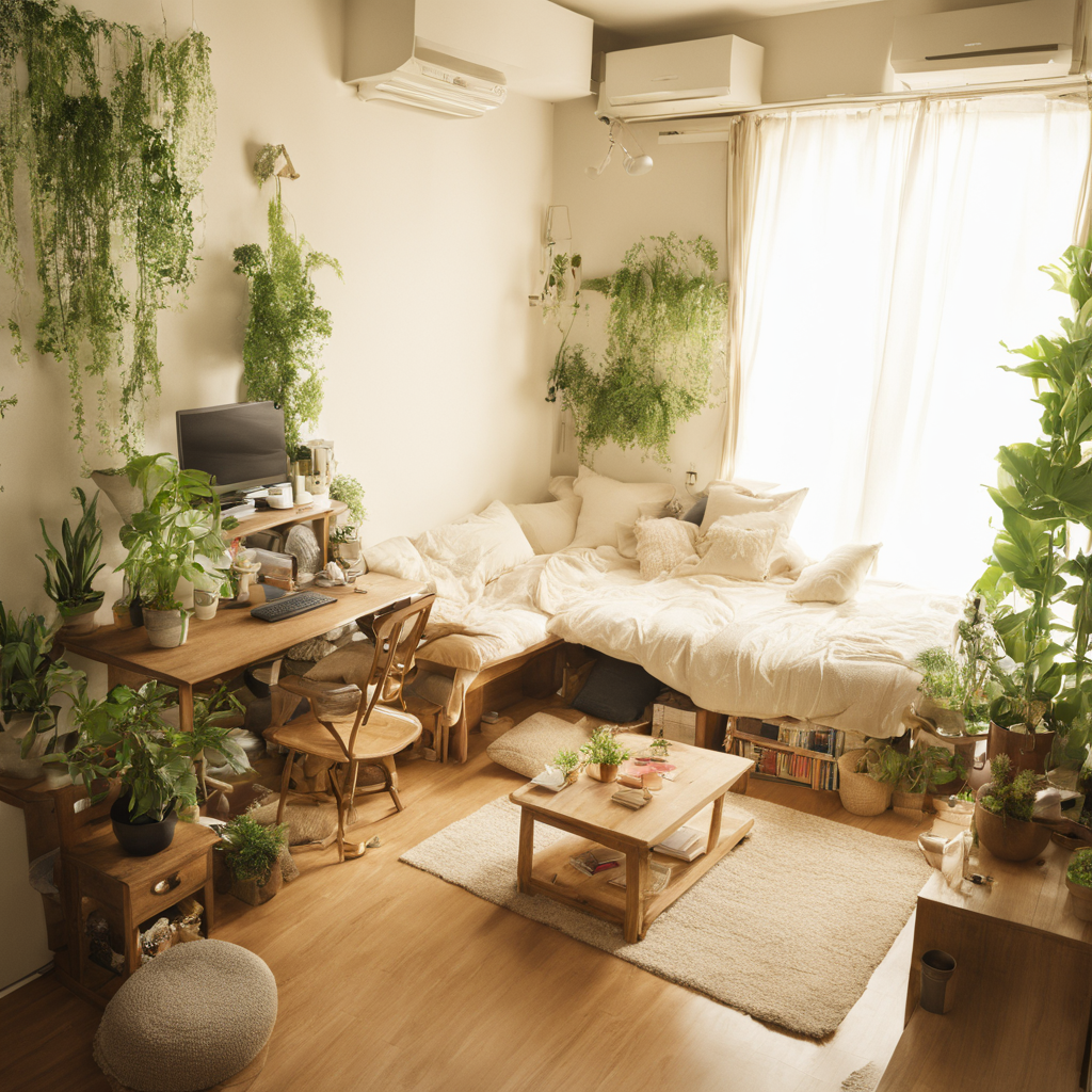 best quality, ultra-detailed,
JJROOM, scenery, plant, bed, wooden floor, pillow, window, indoors, chair, sunlight, cup, curtains, computer, table, book, potted plant, couch, 
 <lora:jyoshi_no_heya_SDXL_V1:1>
