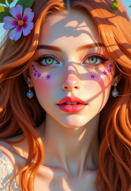 Photorealistic digital painting of an ethereal woman with long flowing red hair, a porcelain-like, extremely pale complexion and natural warm blush on her cheeks. She has blush-toned eyeshadow and delicate, ethereal facial features. Her face is adorned with a stylish face painting that make her look otherworldly and psychedelic. The artwork is highly detailed, with a soft, realistic lighting style that enhances the warm undertones in her skin.