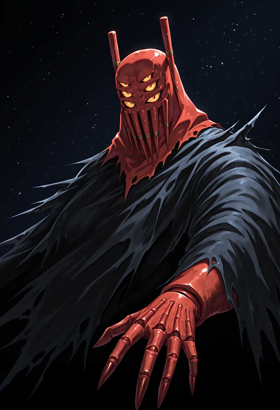 shimada_death, upper body, from angle, outstretched arm, show hand, (extra eyes:0.8), cloak, stakes_mask, one stakes_skull, solo, space background, sharp fingernails, (no humans), stakes on fingers, joints, 
,masterpiece,best quality,amazing quality