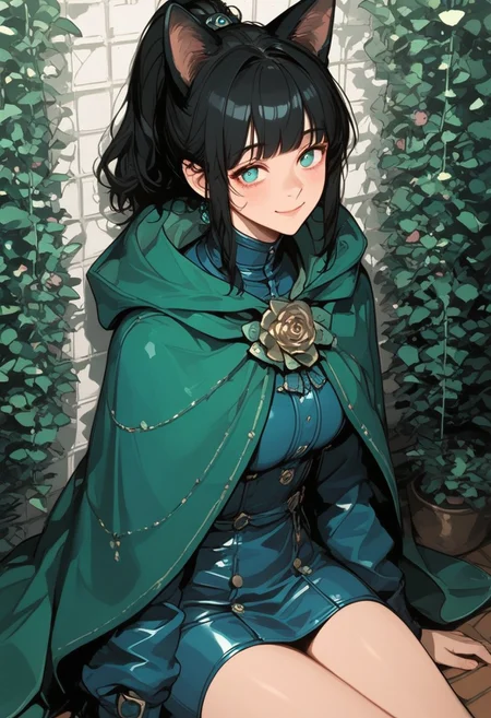 score_9, score_8_up, score_7_up, score_6_up, score_5_up, (art, sitting, (psychedelic), garden, sunlight, dog ears, metal floor, rose, green cape, tattered cape, hood up, blue latex dress, hair ornament, 1girl, ponytail, black hair, blunt bang, smile, closed mouth)