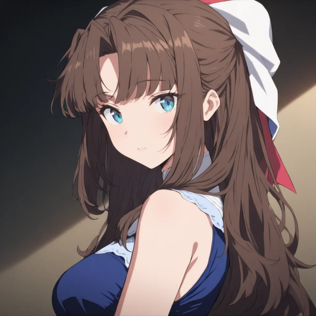 1girl,solo,looking at viewer,upper_body,portrait,masterpiece,high score,great score,absurdres,<lora:Maria_ Nanadan ag4o v1:1> maria_ nanadan, brown hair, long hair, blue eyes,dress,