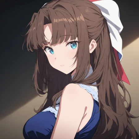 1girl,solo,looking at viewer,upper_body,portrait,masterpiece,high score,great score,absurdres,<lora:Maria_ Nanadan ag4o v1:1> maria_ nanadan, brown hair, long hair, blue eyes,dress,