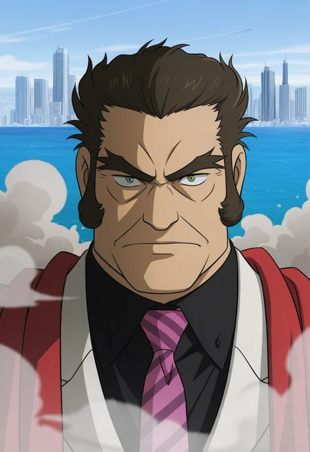 1boy, dust cloud, (portrait:1.7), standing, serious, looking at viewer,
BREAK
<lora:Brian_D._Kadokura_from_Detective_Conan_The_Million-dollar_Pentagram_v1.0:1>
briandkadokura, mature male, brown hair, green eyes, thick eyebrows, forked eyebrows, long sideburns,
BREAK
white suit, black shirt, collared shirt, pink necktie, striped necktie, red scarf,
BREAK
(ocean:1.2), city, cityscape, day, dust, explosion, skyscraper, dust sky,
BREAK
very awa, masterpiece, best quality, absurdres, newest, perfect quality, detailed background, intricate details,
