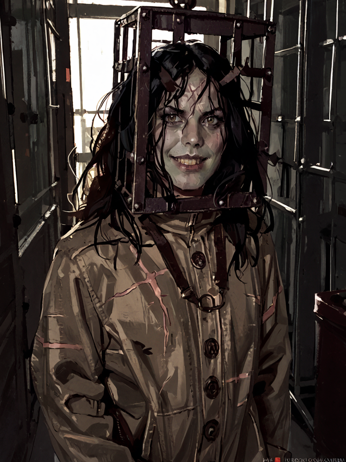 <lora:TheJackal:0.8>, jacka1, 1boy, black hair, long hair, scar, zombie, (cage on head), head in cage, male focus, running, smile, upper body, attack, nails, looking at viewer, untied straitjacket, corridor, hospital, dark, indoors, solo, upper body, horror theme, dutch angle, <lora:AlexanderMandradjiev:0.8>, zPDXL3, score_9, score_8_up, score_7_up, score_6_up, score_5_up, score_4_up, realistic, real, hyper realistic, (source_real)