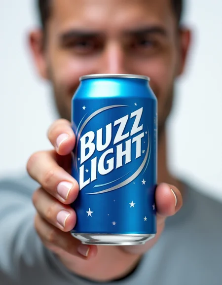 photo for ad of beer aluminum can, blue color, text "Buzz Light", white background, man holds can, man puts his hands forward in front of the camera, close view on can, bokeh