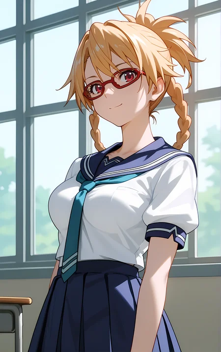 (score_9, score_8_up, score_7_up), standing, looking at viewer, closed mouth, light smile, tight clothes, close-up,
ohwx, 1girl, solo, school_uniform, glasses, braid, breasts, skirt, blonde_hair, red-framed_eyewear, pleated_skirt, large_breasts, serafuku, long_hair, blue_skirt, necktie, ponytail, sailor_collar,
<lora:furan_takaki_pony_ss:1>
window, sunlight, classroom,