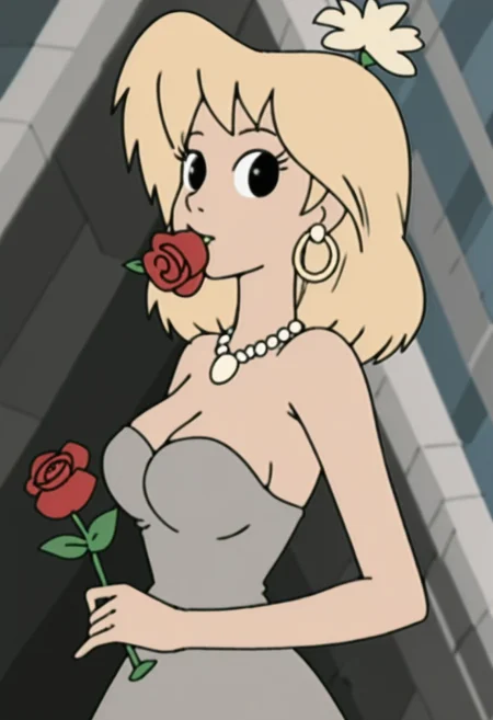 woman, tiffany, kangoo,1girl, jewelry, flower, solo, earrings, blonde hair, dress, necklace, breasts, rose, flower in mouth, red flower, looking at viewer, strapless dress, holding, strapless, upper body, grey dress, petals, medium hair, red rose, mouth hold, holding flower, medium breasts, bare shoulders, black eyes