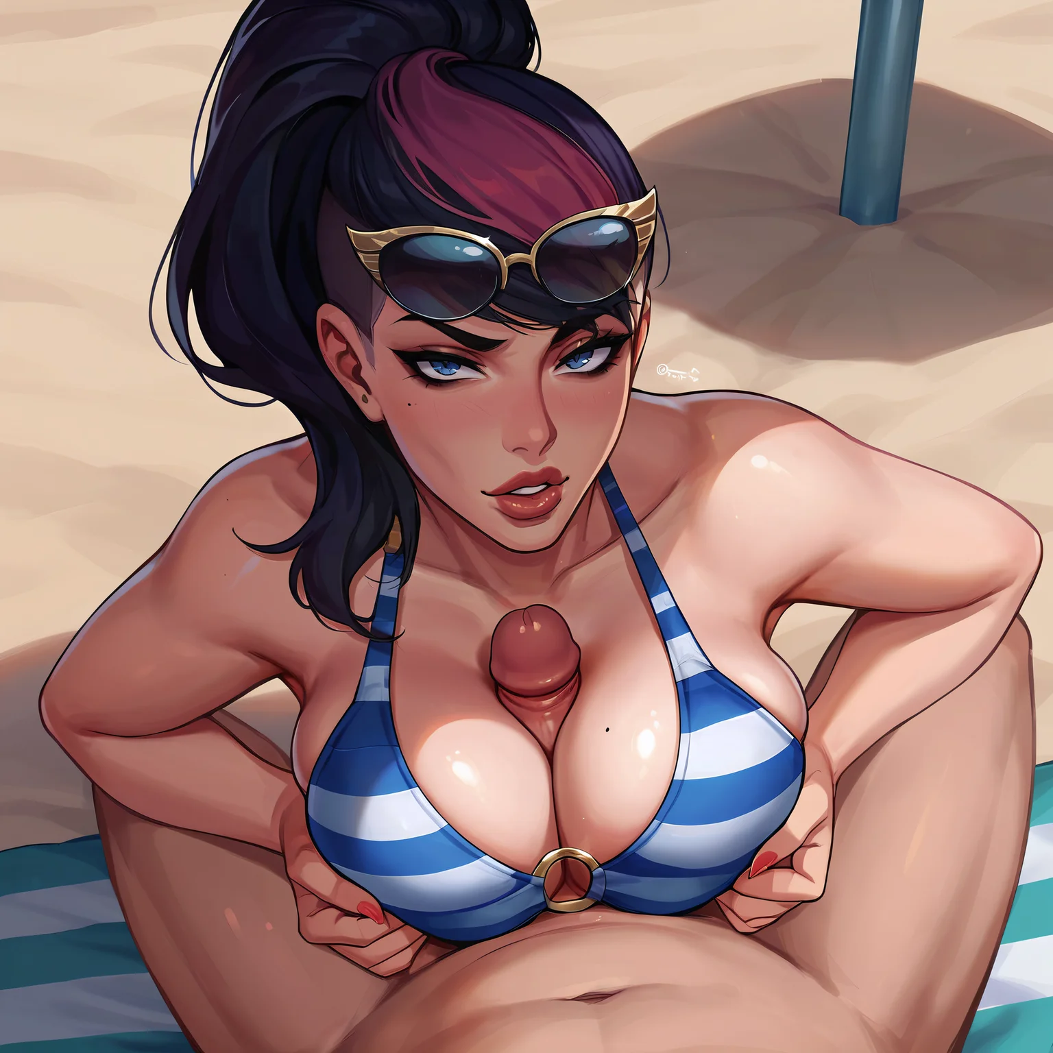 score_9, score_8_up, score_7_up, score_6_up, score_5_up, score_4_up, rating_explicit, source_anime, <lora:fiorappXL:0.8> fiorappxl, striped bikini, o-ring, eyewear on head, lips, undercut, ponytail, multicolored hair, 1boy, 1girl, paizuri under clothes, from above, pov, looking at viewer, beach, motion lines,