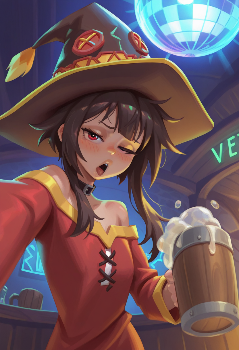Z40Zstyle, painterly,  masterpiece, best quality, solo,                                                                                                                                                              megumin, neon party lights, tavern, disco ball, pov from below selfie,  one eye half closed, holding tankard, drunk, hat, messy hair, burp,