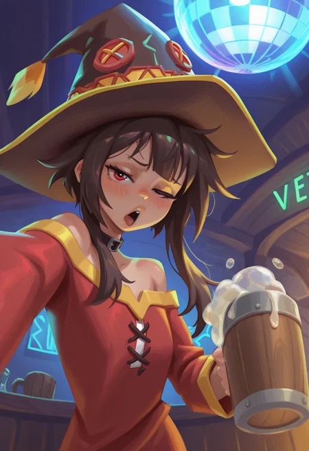 Z40Zstyle, painterly, masterpiece, best quality, solo, megumin, neon party lights, tavern, disco ball, pov from below selfie, one eye half closed, holding tankard, drunk, hat, messy hair, burp,