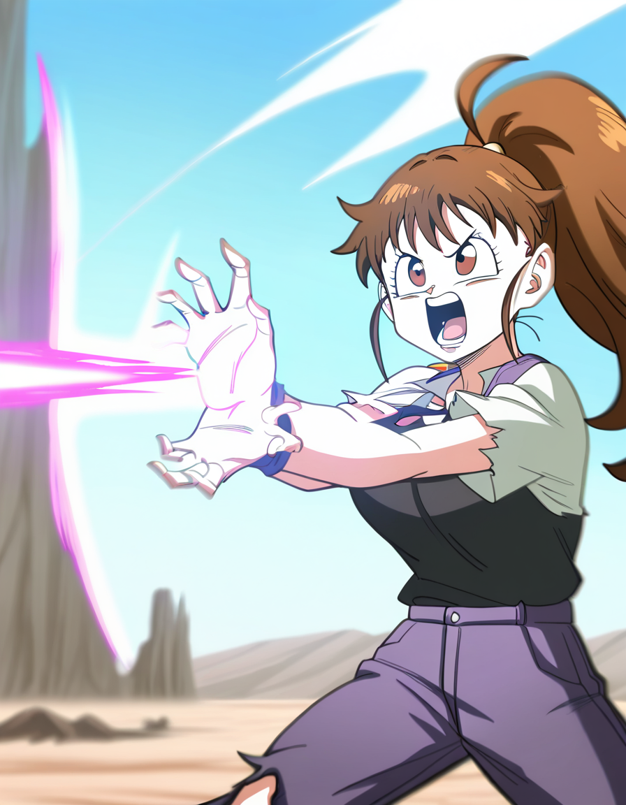 masterpiece, best quality, newest, absurdres, highres, safe,, <lora:popura-taneshima-s2-ponyxl-lora-nochekaiser:1>, popura taneshima, long hair, brown hair, brown eyes, ponytail, ahoge, large breasts,, <lora:kamehameha-illustriousxl-lora-nochekaiser:1>, kamehameha, kamehameha (dragon ball), open mouth, outstrecthed arms, torn clothes, shouting, energy, energy beam, outdoors, wasteland, cowboy shot,