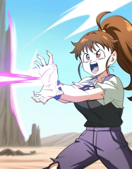 masterpiece, best quality, newest, absurdres, highres, safe,, <lora:popura-taneshima-s2-ponyxl-lora-nochekaiser:1>, popura taneshima, long hair, brown hair, brown eyes, ponytail, ahoge, large breasts,, <lora:kamehameha-illustriousxl-lora-nochekaiser:1>, kamehameha, kamehameha (dragon ball), open mouth, outstrecthed arms, torn clothes, shouting, energy, energy beam, outdoors, wasteland, cowboy shot,