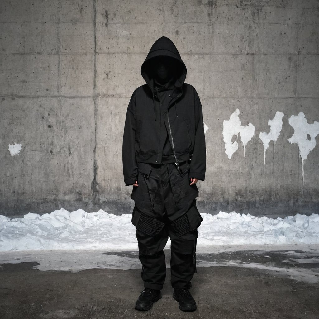 wide pants,archive pants,distorted pants,a man standing in front of a concrete wall wearing a black jacket and pants with a hoodie on, Felix-Kelly, tech wear, cyberpunk art, neo-expressionism, Abdullah Gërguri, promotional image, an album cover, net art man,archive,high fashion,pale skin,torn clothes,scuffs clothes, abrasions clothes ,rubs clothes,dark,90x,bad quality,no face,bandage,scarf hide his face,melted clothes,flowing clothes,blood stains on clothes,abstract forms,ice melted,antarctica,furr,<lora:High_Fashion:1>  <lora:badquality_v02:1>, night time, CCTV, Canon EOS 5D, Polaroid style, iPhone