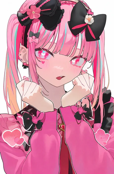 1girl, solo, looking_at_viewer, open_mouth, long_sleeves, hair_ornament, bow, jewelry, twintails, upper_body, pink_hair, flower, multicolored_hair, heart, hair_bow, earrings, frills, hairband, pink_eyes, symbol-shaped_pupils, black_bow