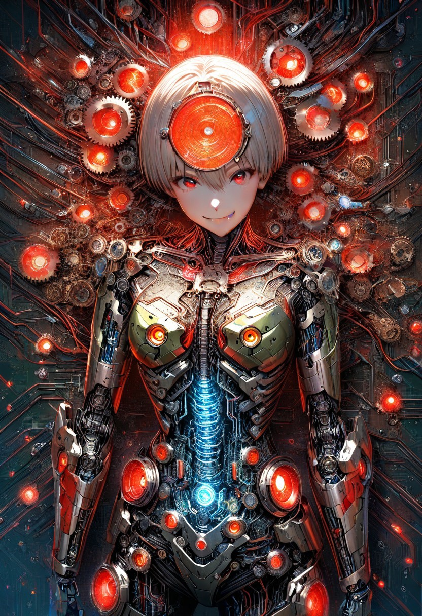 best quality, masterpiece, 8k, ultra detailed, intricate detail, realistic photography, digital painting art style,  intricate details, ultra sharp, exquisite detail, vivid colors, exciting background, 
rating_safe, sfw, 
BREAK,
1girl, solo, uzaki hana from uzaki-chan, fang, 
cybernetic body, glowing skin, led lights on body, 
gears in stomach, gear box in body, circuit board in body, circuit on skin, 
tilt head, looking at viewer, 
green, circuit board, 
green circuit board room, circuit board background, 
red lights, emergency red lights, blink,