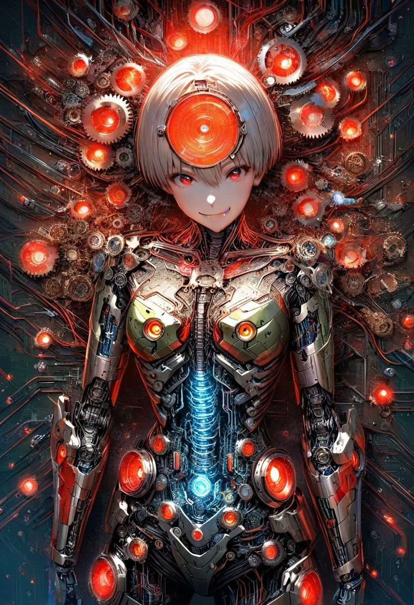 best quality, masterpiece, 8k, ultra detailed, intricate detail, realistic photography, digital painting art style,  intricate details, ultra sharp, exquisite detail, vivid colors, exciting background, 
rating_safe, sfw, 
BREAK,
1girl, solo, uzaki hana from uzaki-chan, fang, 
cybernetic body, glowing skin, led lights on body, 
gears in stomach, gear box in body, circuit board in body, circuit on skin, 
tilt head, looking at viewer, 
green, circuit board, 
green circuit board room, circuit board background, 
red lights, emergency red lights, blink,