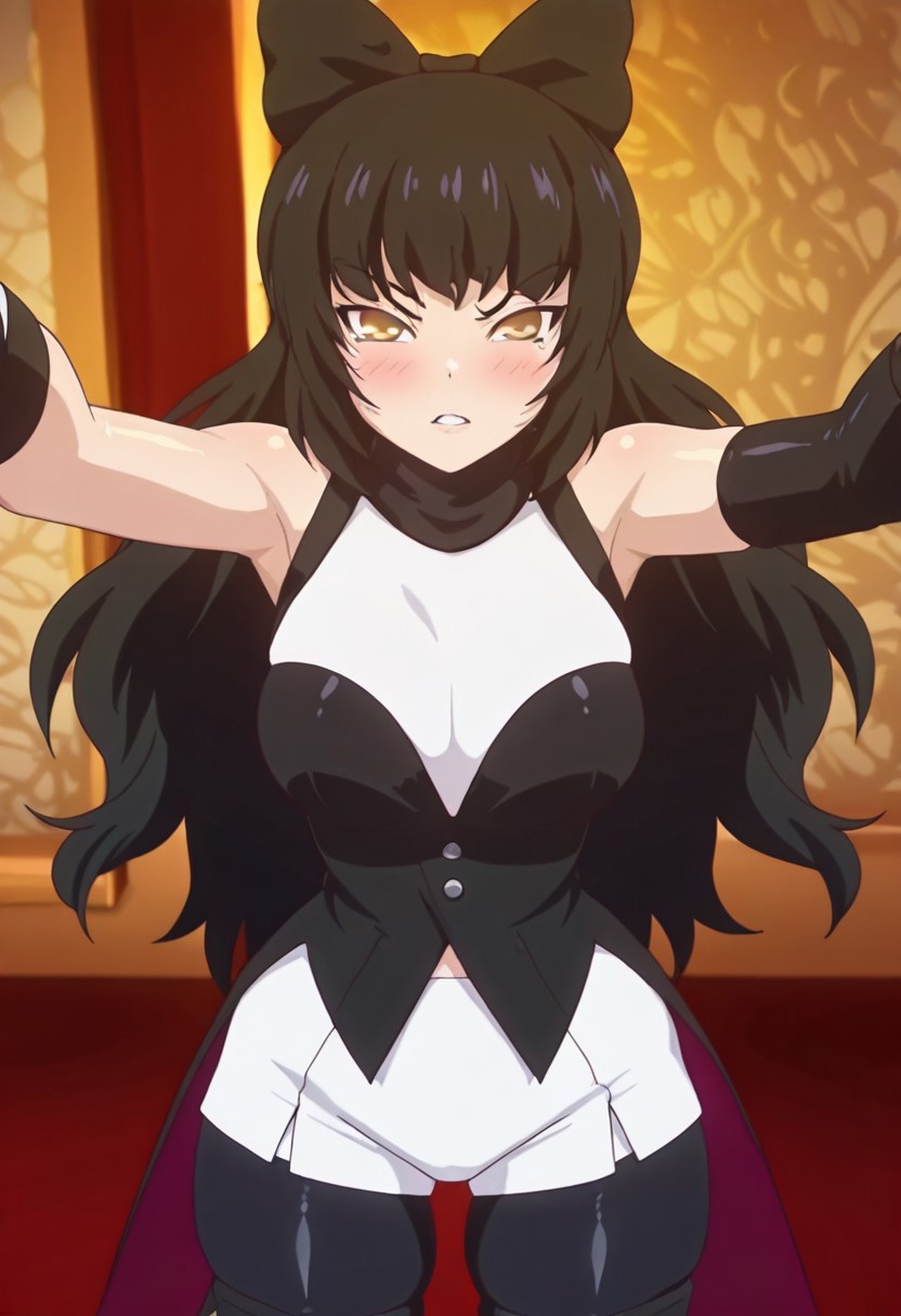anime screencap, masterpiece, expressiveh, anime coloring, (goldbear ani:1.5), flat color
score_9, score_8_up, score_7_up, score_6_up, 
1girl, solo, yellow eyes, large breasts, thick thighs, shiny skin, narrow waist, wide hips, perfect body, fit body, narrow shoulders, BlakeBelladonna, detailed face, detailed eyes, expressive eyes, cute face, cute eyes,
longe hair, black hair,
BlakeVol1Huntress, Black vest with coattails, single detached sleeve, white undershirt, black neck warmer, white shorts, black pantyhose, boot, ribbon, wrist wrap, bow, ribbon, hair bow
serious, parted lips, looking at the viewer, blush
dynamic pose, dynamic angle, cowboy shot, sexy pose, arms in frame, 
skindentation, expressiveh, fantasy background, 
<lora:Expressive_H:1>