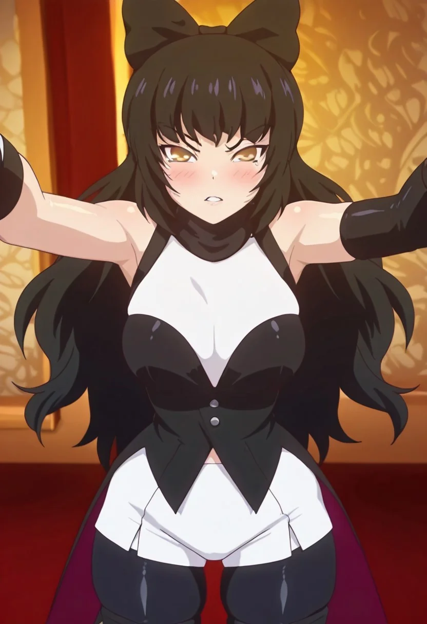 anime screencap, masterpiece, expressiveh, anime coloring, (goldbear ani:1.5), flat color
score_9, score_8_up, score_7_up, score_6_up,
1girl, solo, yellow eyes, large breasts, thick thighs, shiny skin, narrow waist, wide hips, perfect body, fit body, narrow shoulders, BlakeBelladonna, detailed face, detailed eyes, expressive eyes, cute face, cute eyes,
longe hair, black hair,
BlakeVol1Huntress, Black vest with coattails, single detached sleeve, white undershirt, black neck warmer, white shorts, black pantyhose, boot, ribbon, wrist wrap, bow, ribbon, hair bow
serious, parted lips, looking at the viewer, blush
dynamic pose, dynamic angle, cowboy shot, sexy pose, arms in frame,
skindentation, expressiveh, fantasy background,
<lora:Expressive_H:1>