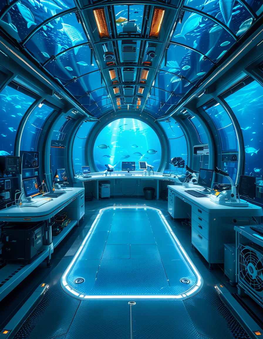 A futuristic underwater research laboratory,underwater research l4b0r4t0ry, located deep beneath the ocean's surface, surrounded by vibrant marine life and illuminated by soft, bioluminescent lighting. The laboratory features large, reinforced glass domes offering a panoramic view of the surrounding blue abyss, with schools of colorful fish and rays of sunlight filtering through the water above. Inside, advanced scientific equipment, glowing computer screens, and researchers in modern wetsuits or lab coats are visible, conducting experiments. The structure is sleek and metallic, with curved, aerodynamic designs to withstand water pressure. Coral reefs and marine plants grow nearby, adding natural beauty. The lighting is a mix of cool, bluish tones, with faint yellow lights from the laboratory windows creating a contrast. The atmosphere is calm yet futuristic, with a focus on scientific exploration and harmony with the marine environment.
<lora:SDXLFaeTastic2400:0.4> <lora:extremely_detailed:0.4> extremely detailed, <lora:underwater_research_l4b0r4t0ry:1>