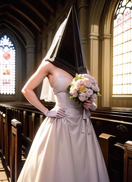 best quality, pyramid head, 1girl, wedding dress, church interior, wedding, holding a bouquet <lora:pyramid head:1>