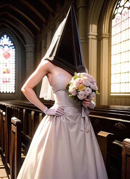 best quality, pyramid head, 1girl, wedding dress, church interior, wedding, holding a bouquet <lora:pyramid head:1>